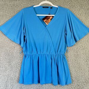 IMAN Boho Blue Faux Wrap Splice Stretch Jersey Blouse Top‎ With Tie Small NWT